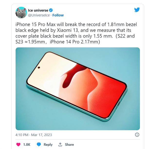iPhone15ProMax将打破最薄边框纪录 下巴边框仅1.55 毫米(图1)